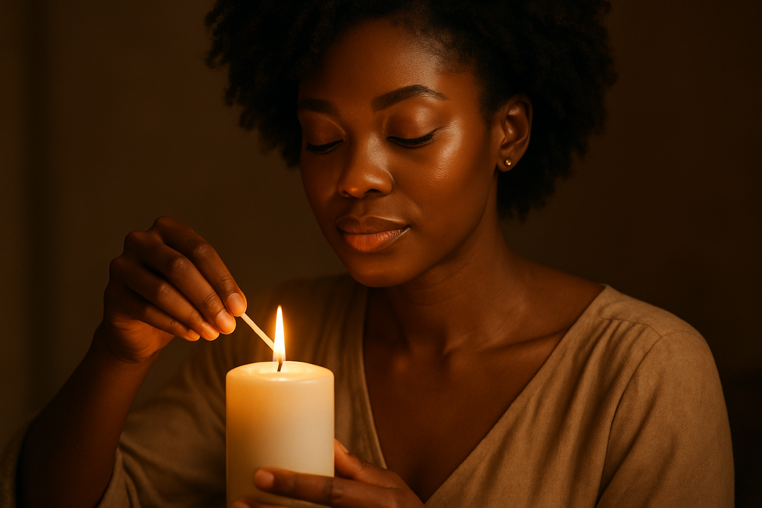black woman lighting candle 