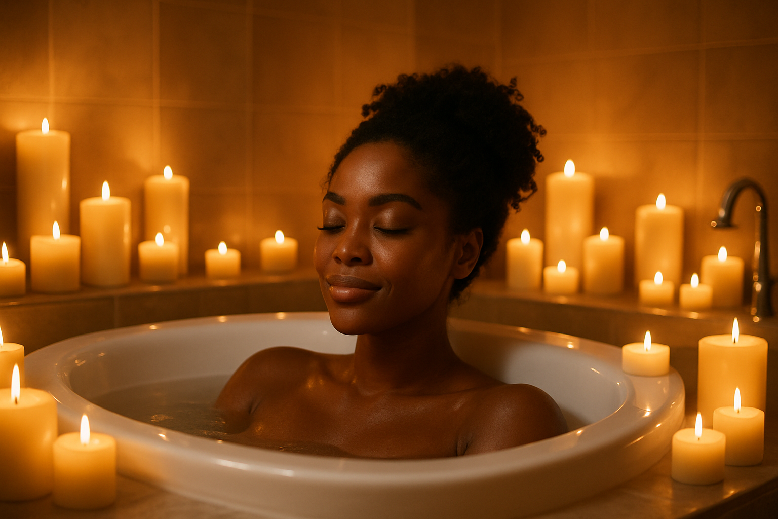 black women sitting in tub surrounded by candles 